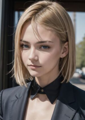 Stunning Blonde Woman with Short Hair - Premium Wooden Framed Poster. Ready to Hang.