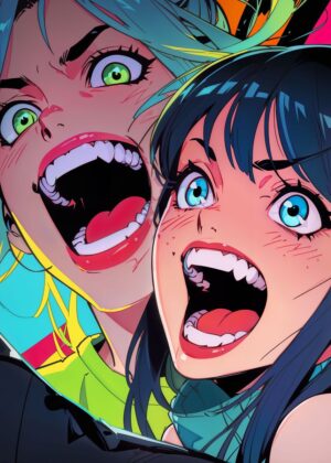 Anime Neon Fury: Vibrant Digital Artwork Print - Premium Wooden Framed Poster. Ready to Hang.