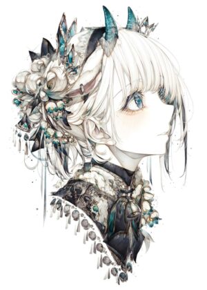 Blue Horned Anime Girl Art Print - Premium Wooden Framed Poster. Ready to Hang.