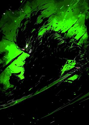 Dark Fighter: Neon Green Anime Art - Premium Wooden Framed Poster. Ready to Hang.