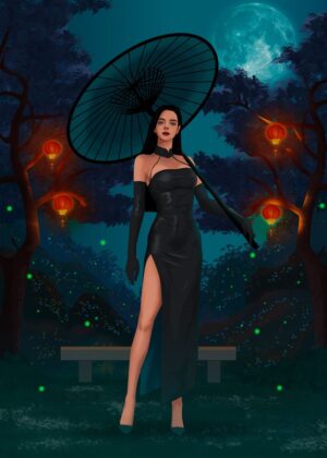 Mysterious Night Beauty: Anime Girl Art Print - Premium Wooden Framed Poster. Ready to Hang.