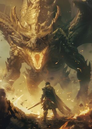 Dragon Monster Warrior: Epic Fantasy Art Print - Premium Wooden Framed Poster. Ready to Hang.
