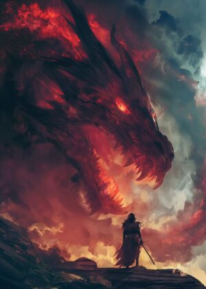Confronting the Inferno: A Warrior and a Dragon - Premium Wooden Framed Poster. Ready to Hang.