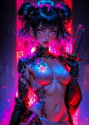 Cyberpunk Geisha: Neon Nights - Premium Wooden Framed Poster. Ready to Hang.