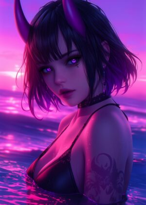 Cyberpunk Devil Girl: Neon Sunset Fantasy Art - Premium Wooden Framed Poster. Ready to Hang.