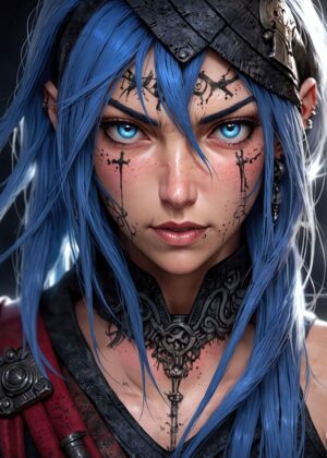 Fierce Blue-Haired Anime Girl Art Print - Premium Wooden Framed Poster. Ready to Hang.