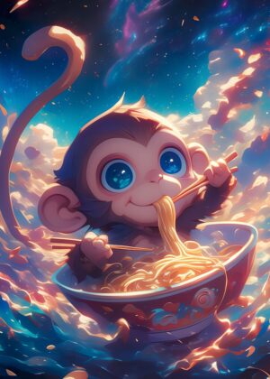 Adorable Anime Monkey Enjoying Ramen Noodles Under a Starry Sky - Premium Wooden Framed Poster. Ready to Hang.