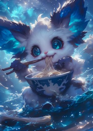 Adorable Fantasy Creature Enjoying Ramen - Premium Wooden Framed Poster. Ready to Hang.