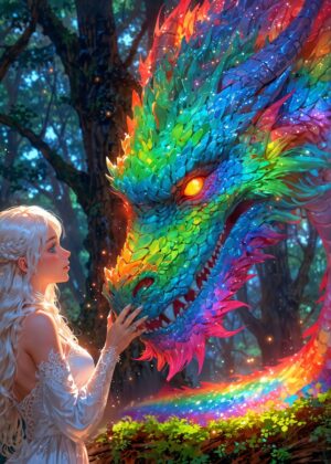 Rainbow Dragon and Fairytale Girl Fantasy Art Print - Premium Wooden Framed Poster. Ready to Hang.