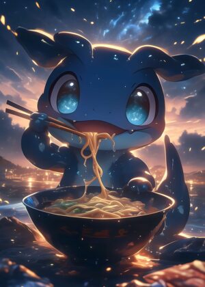 Adorable Fishy Ramen: A Whimsical Digital Art Print - Premium Wooden Framed Poster. Ready to Hang.