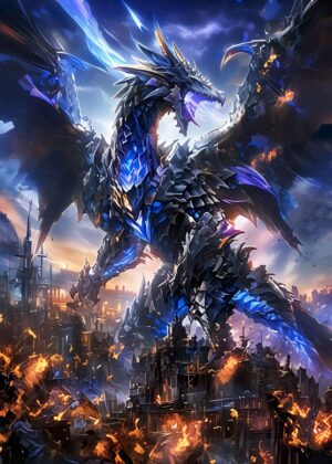 Dragon Destruction: Fantasy Art Print - Premium Wooden Framed Poster. Ready to Hang.