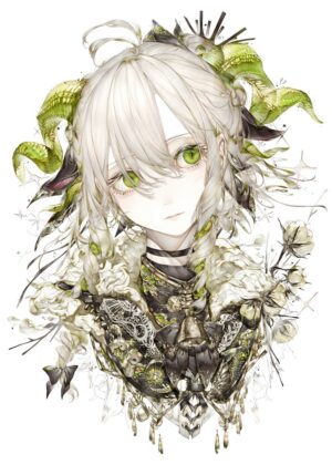 Green Horned Anime Girl Art Print - Premium Wooden Framed Poster. Ready to Hang.
