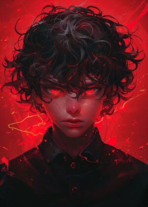 Angry Anime Boy: Fiery Digital Art Print - Premium Wooden Framed Poster. Ready to Hang.