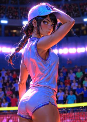 Anime Tennis Girl: Dynamic Pose, Vibrant Stadium - Premium Wooden Framed Poster. Ready to Hang.