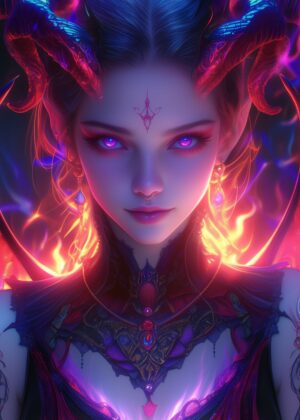 Neon Devil Girl Art Print - Premium Wooden Framed Poster. Ready to Hang.