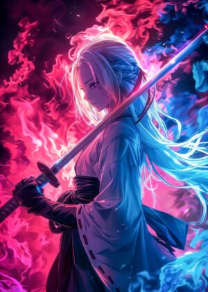 Neon Samurai Anime Girl Art Print - Premium Wooden Framed Poster. Ready to Hang.