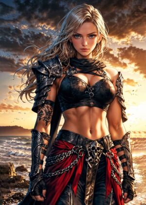 Anime Warrior Girl: Sunset Coast Art Print - Premium Wooden Framed Poster. Ready to Hang.