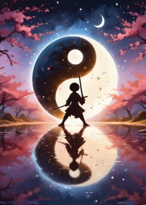 Yin and Yang Harmony: A Peaceful Warrior's Journey - Premium Wooden Framed Poster. Ready to Hang.