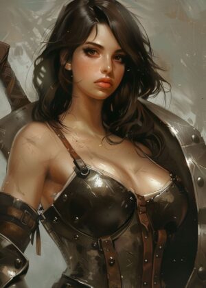 Cute Girl Shield Warrior Art Print - Premium Wooden Framed Poster. Ready to Hang.