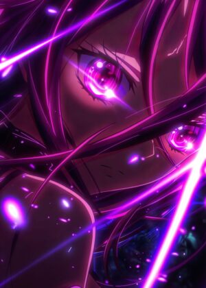 Neon Anime Girl: Glowing Eyes and Vibrant Purple Hues - Premium Wooden Framed Poster. Ready to Hang.