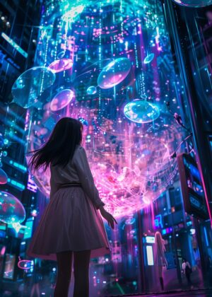 Neon Dreamscape: A Girl in a Vibrant Digital Aquarium - Premium Wooden Framed Poster. Ready to Hang.