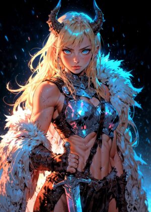 Fierce Viking Anime Girl: Digital Art Print - Premium Wooden Framed Poster. Ready to Hang.