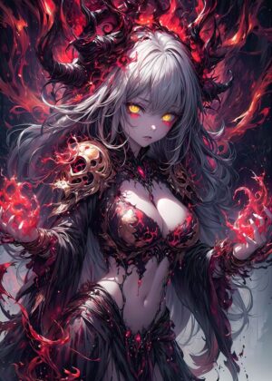 Fiery Anime Demon Girl Art Print - Premium Wooden Framed Poster. Ready to Hang.