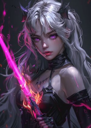 Pink Neon Demon Girl Art Print - Premium Wooden Framed Poster. Ready to Hang.