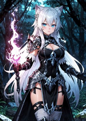 Anime Girl Cat Sorceress: Mystical Forest Magic - Premium Wooden Framed Poster. Ready to Hang.