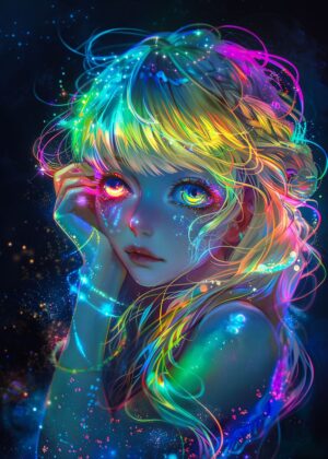 Cute Girl Neon Colorful Art Print - Premium Wooden Framed Poster. Ready to Hang.