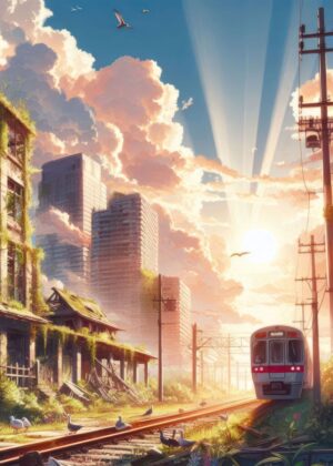 Ruins V3: Post-Apocalyptic Cityscape at Sunset - Premium Wooden Framed Poster. Ready to Hang.