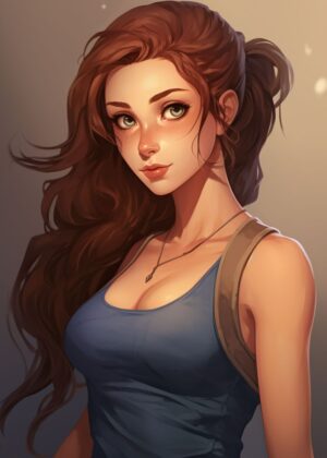 Anime Girl with Freckles and Brown Hair - Premium Wooden Framed Poster. Ready to Hang.