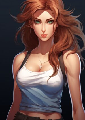Anime Girl with Green Eyes and Long Red Hair - Premium Wooden Framed Poster. Ready to Hang.