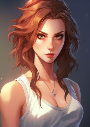 Anime Girl with Freckles and Auburn Hair - Premium Wooden Framed Poster. Ready to Hang.