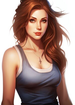 Anime Girl with Red Hair and Blue Tank Top - Premium Wooden Framed Poster. Ready to Hang.