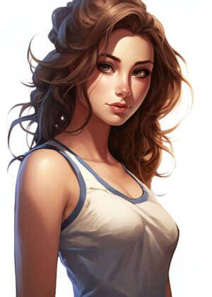 Anime Girl with Brown Hair and Green Eyes - Premium Wooden Framed Poster. Ready to Hang.