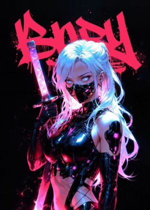 Cyberpunk Anime Girl: Neon City Warrior - Premium Wooden Framed Poster. Ready to Hang.