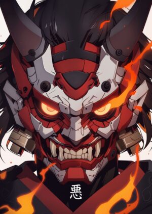 Arise Samurai: Fierce Oni Mask Digital Art - Premium Wooden Framed Poster. Ready to Hang.