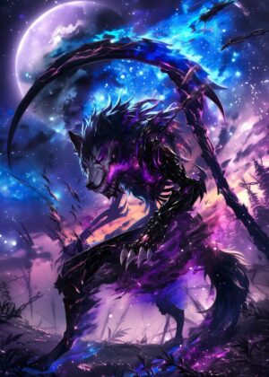 Galaxy Grim Anime Wolf Art Print - Premium Wooden Framed Poster. Ready to Hang.