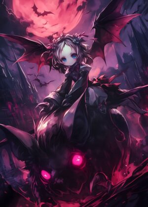 Anime Girl Bat Rider: Dark Fantasy Artwork - Premium Wooden Framed Poster. Ready to Hang.