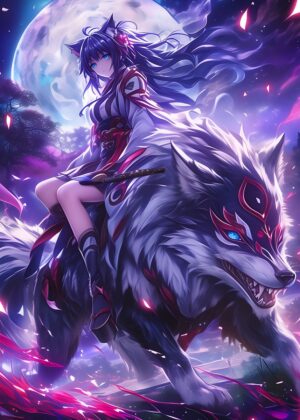 Anime Girl Riding Kitsune: Mystical Fantasy Art Print - Premium Wooden Framed Poster. Ready to Hang.