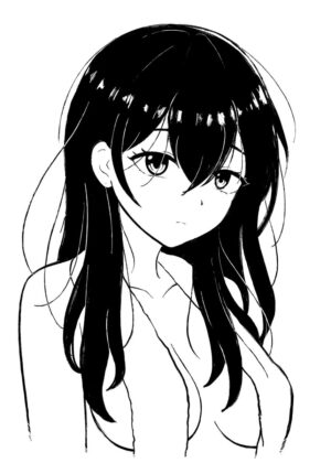Melancholy Anime Girl: Black and White Illustration - Premium Wooden Framed Poster. Ready to Hang.