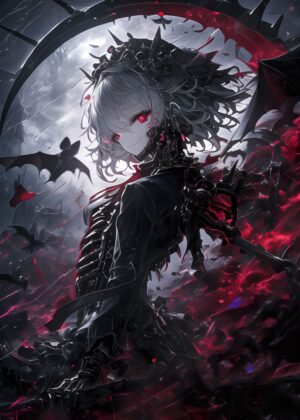 White Moon Gothic Anime Girl Art Print - Premium Wooden Framed Poster. Ready to Hang.