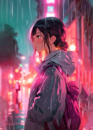 Rainy Night Anime Girl Art Print - Premium Wooden Framed Poster. Ready to Hang.