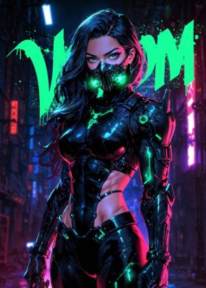 Venomous Cyborg Anime Girl: Cyberpunk Art Print - Premium Wooden Framed Poster. Ready to Hang.