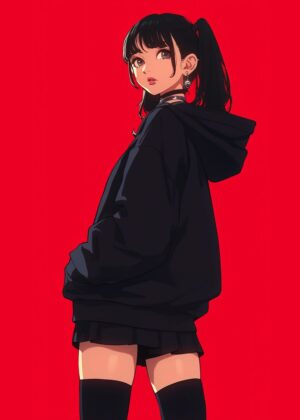 90s Anime Girl: Red Aesthetic Print - Premium Wooden Framed Poster. Ready to Hang.