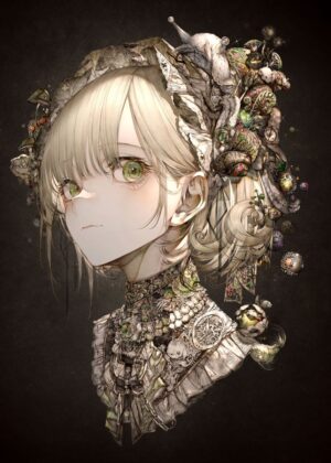 Adorable Anime Girl with Snails and Mushrooms - Premium Wooden Framed Poster. Ready to Hang.