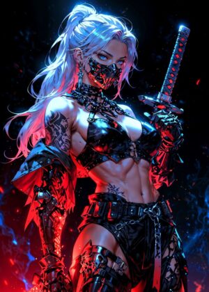 Cyberpunk Assassin Anime Girl Art Print - Premium Wooden Framed Poster. Ready to Hang.