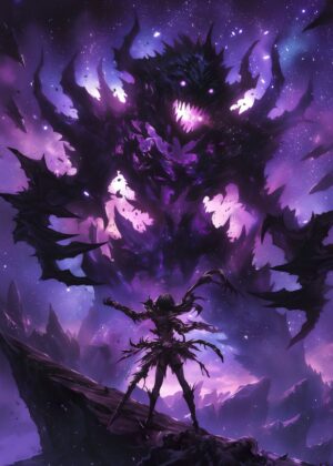 Galaxy Demon Fight: Epic Fantasy Art Print - Premium Wooden Framed Poster. Ready to Hang.