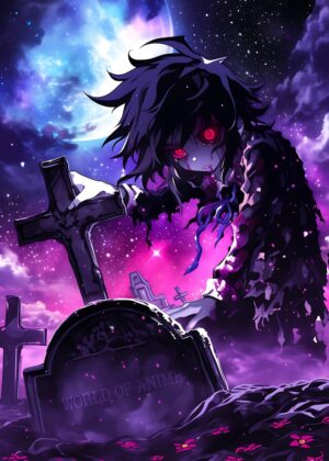 Dark Anime Girl in Graveyard Artwork - Premium Wooden Framed Poster. Ready to Hang.